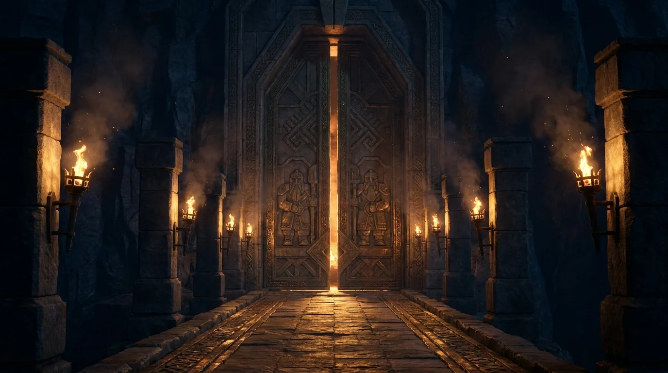 The torchlit gates of the Dwarven Dice Hall