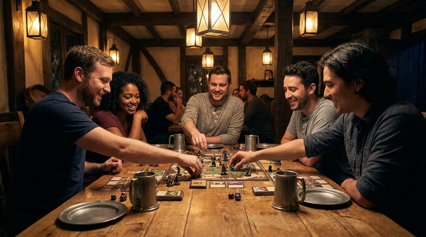 The long table mid-league, dice out and lanterns lit
